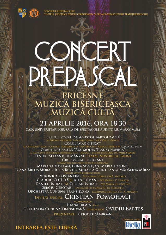 Concert de pricesne, muzică bisericească şi cultă, la Cluj-Napoca