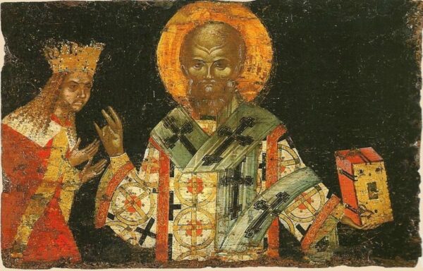 Sfântul Nifon și Sfântul Voievod Neagoe Basarab, tempera pe lemn, 1515?, capacul raclei Sfântului Nifon