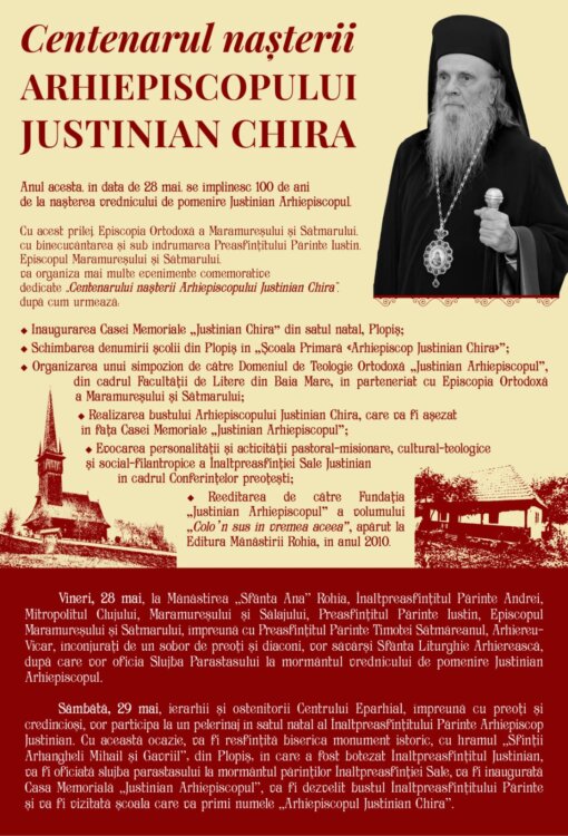 Centenarul Nașterii Arhiepiscopului Justinian Chira: Programul manifestărilor