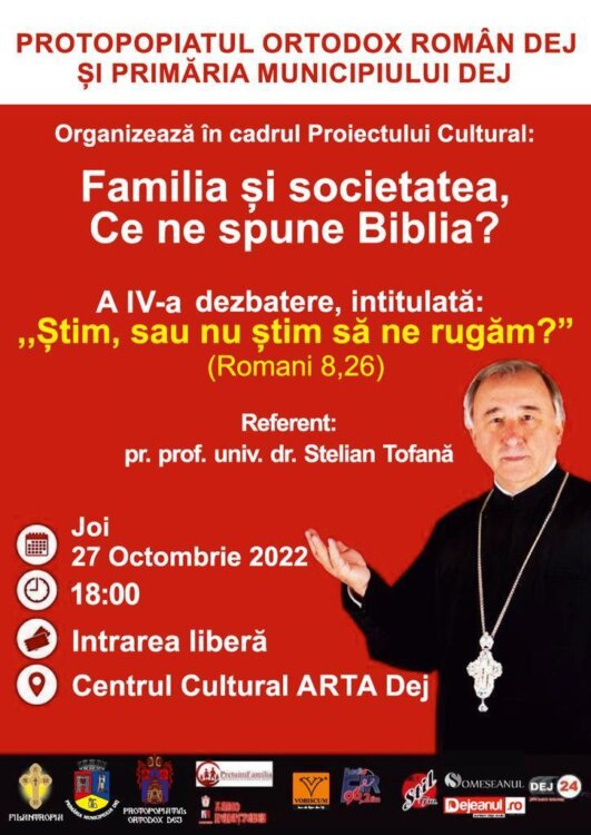 Părintele Prof. Stelian Tofană conferențiază joi, la Dej, despre rugăciune în familie