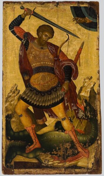 Angelos Akotantos, Sfântul Mare Mucenic Teodor Tiron omorând balaurul, frescă, sec. al XV-lea, Muzeul Creștin și Bizantin, Atena