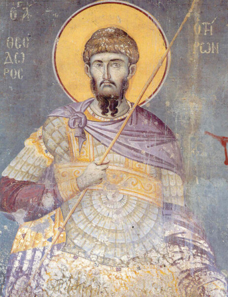 Manuil Panselinos, Sfântul Mare Mucenic Teodor Tiron, frescă, 1290, Biserica Mănăstirii Protaton, Sfântul Munte Athos