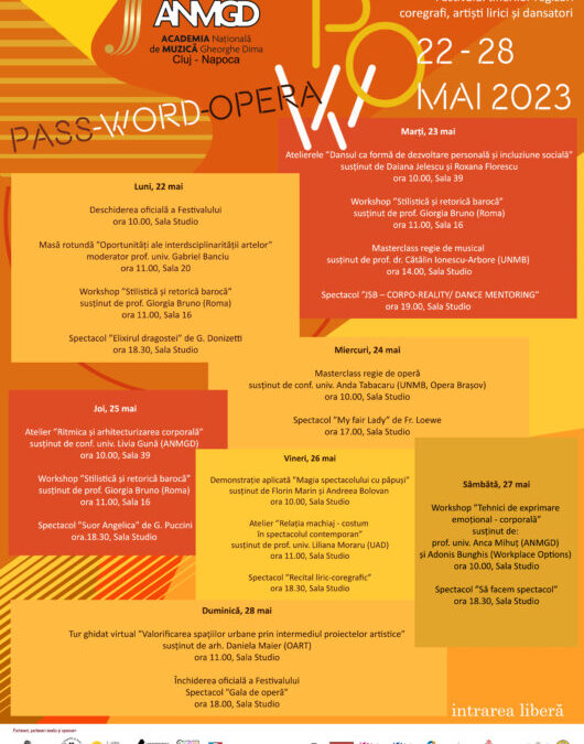 Ediția a III-a a Festivalului PASS-WORD-OPERA, 22-28 mai 2023 | Academia Națională de Muzică ”Gh. Dima”
