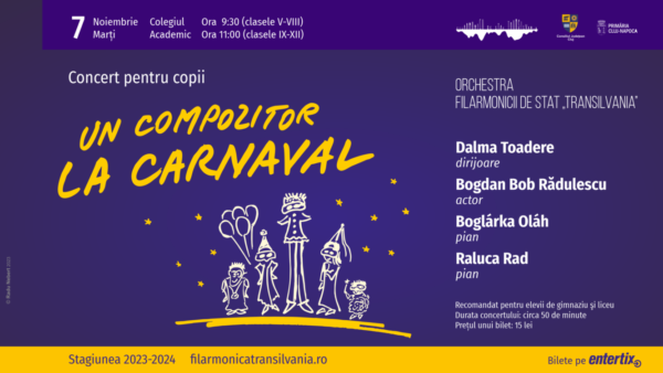 Concerte pentru copii – „Cu Mozart în călătorie” și „Un compozitor la carnaval” la Filarmonica de Stat „Transilvania”